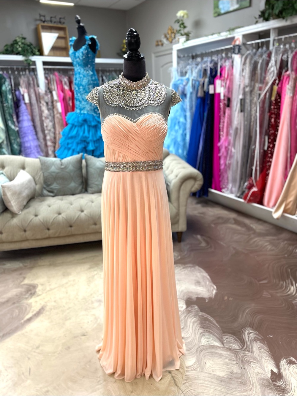 Embellished Mesh-Neck Peach Maxi Dress